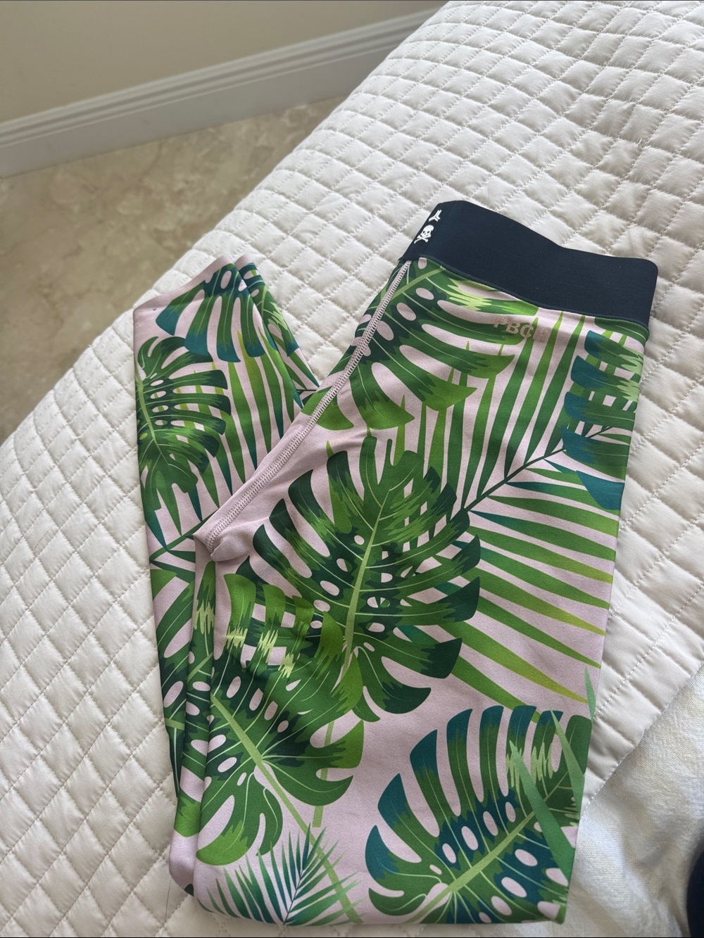 ultracor Pink Leggings with Green Tropical Leaf Print